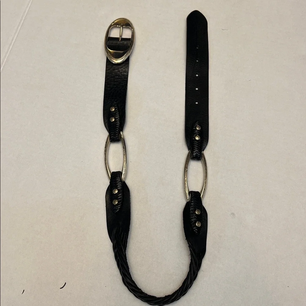 BRIGHTON VINTAGE BRAIDED BLACK LEATHWR BELT WITH SILVER HARDWARE